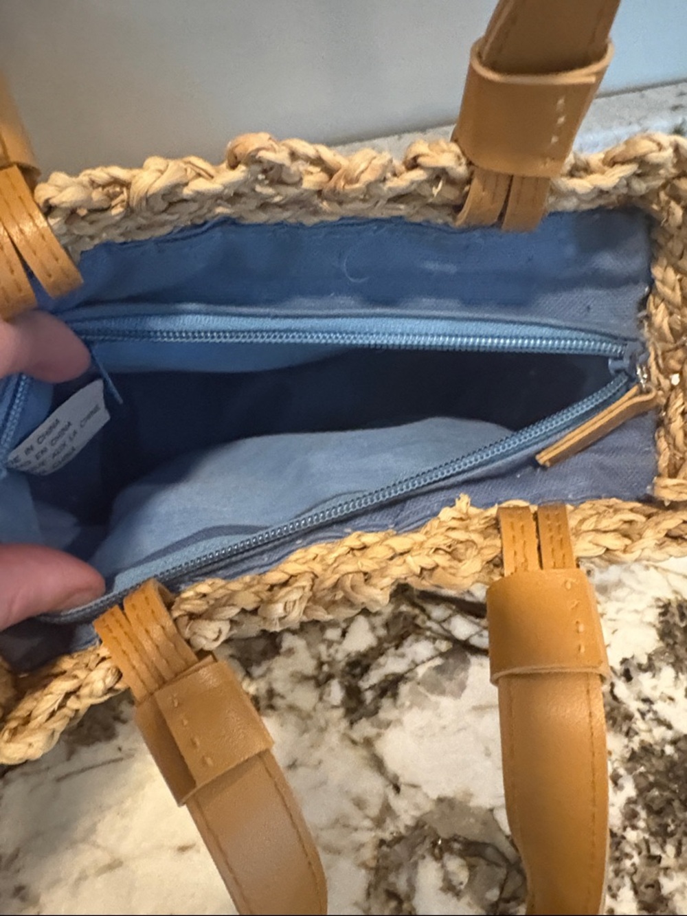 Woven Straw Tote Bag with Tan Leather Handles - Picture 6 of 7